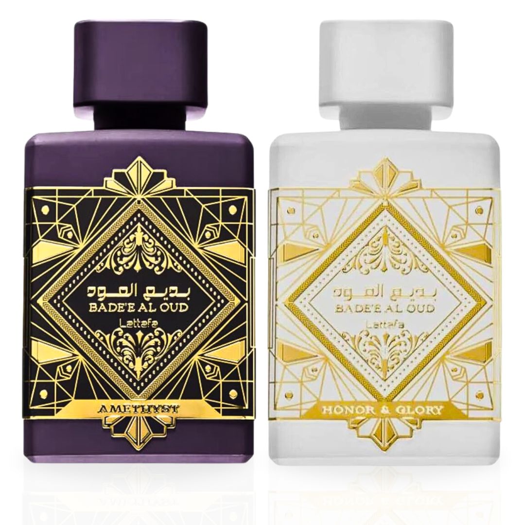 Bade’e Al Oud Amethyst AND Bad'ee Al Oud Honor & Glory EDP Sprays 100ML (3.4 OZ) By Lattafa | A Duo That Highlights Your Unique Charm. (BUNDLE) - Intense Oud