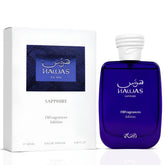 Rasasi Hawas Sapphire X Eau de Parfum spray 100ml with sleek bottle and blue accents, showcasing the fragrance design.