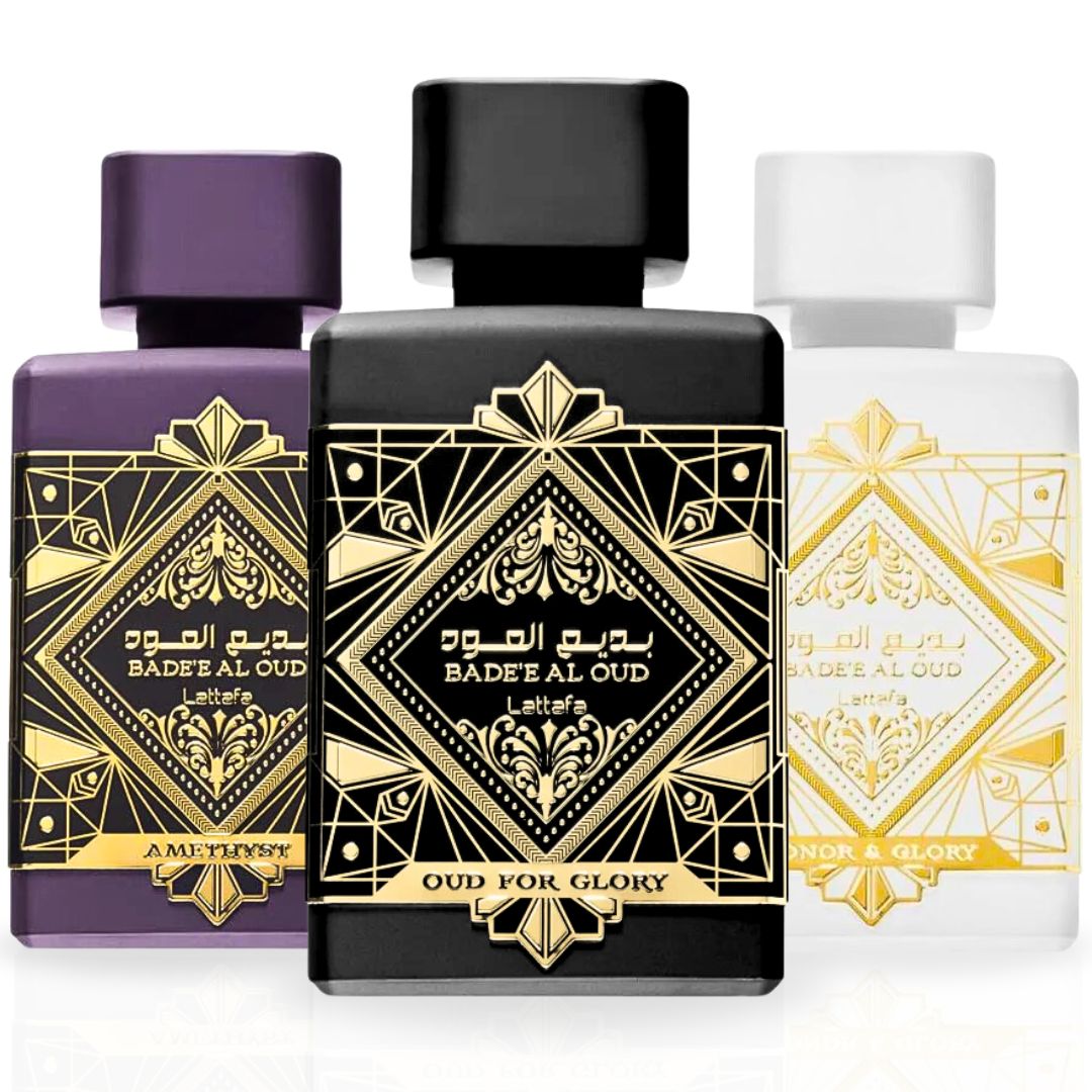 Bad'ee Al Oud Glory, Bad'ee Al Oud Amethyst & Bade’e Al Oud Honor & Glory EDP Sprays 100ML (3.4 OZ) By Lattafa | Three Captivating Scents, One Unforgettable You. (VALUE PACK) - Intense Oud