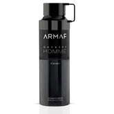 Armaf Odyssey Homme Deodorant Spray 200ml, sleek silver can with black accents, designed for men's freshness and protection.