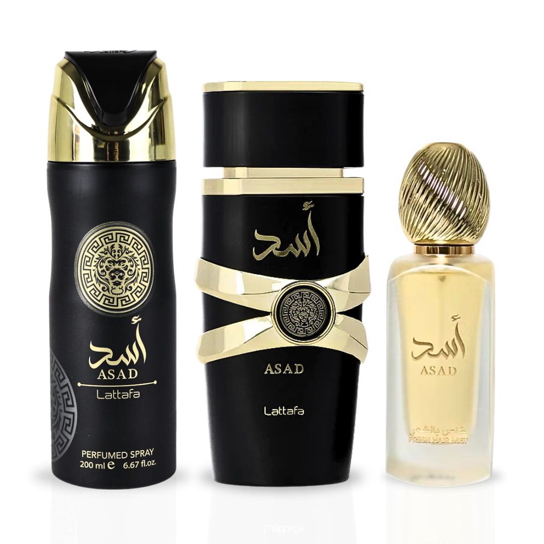 Asad Gift Set Eau De Parfum Spray - 100ML, Hair Mist - 50ML, Perfumed Spray 200ML | Gift Set By Lattafa - Intense Oud