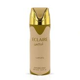 Lattafa Eclaire Deodorant Spray 200ml bottle with a sleek design, showcasing the aerosol can and brand label.