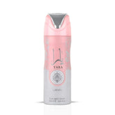 Lattafa Yara perfumed body spray for women, 200ml deodorant bottle with floral design and spray nozzle.