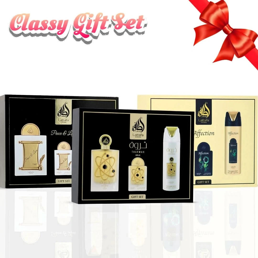 Tharwah Gold, Peace and Love & Affection Gift sets by Lattafa (Bundle)