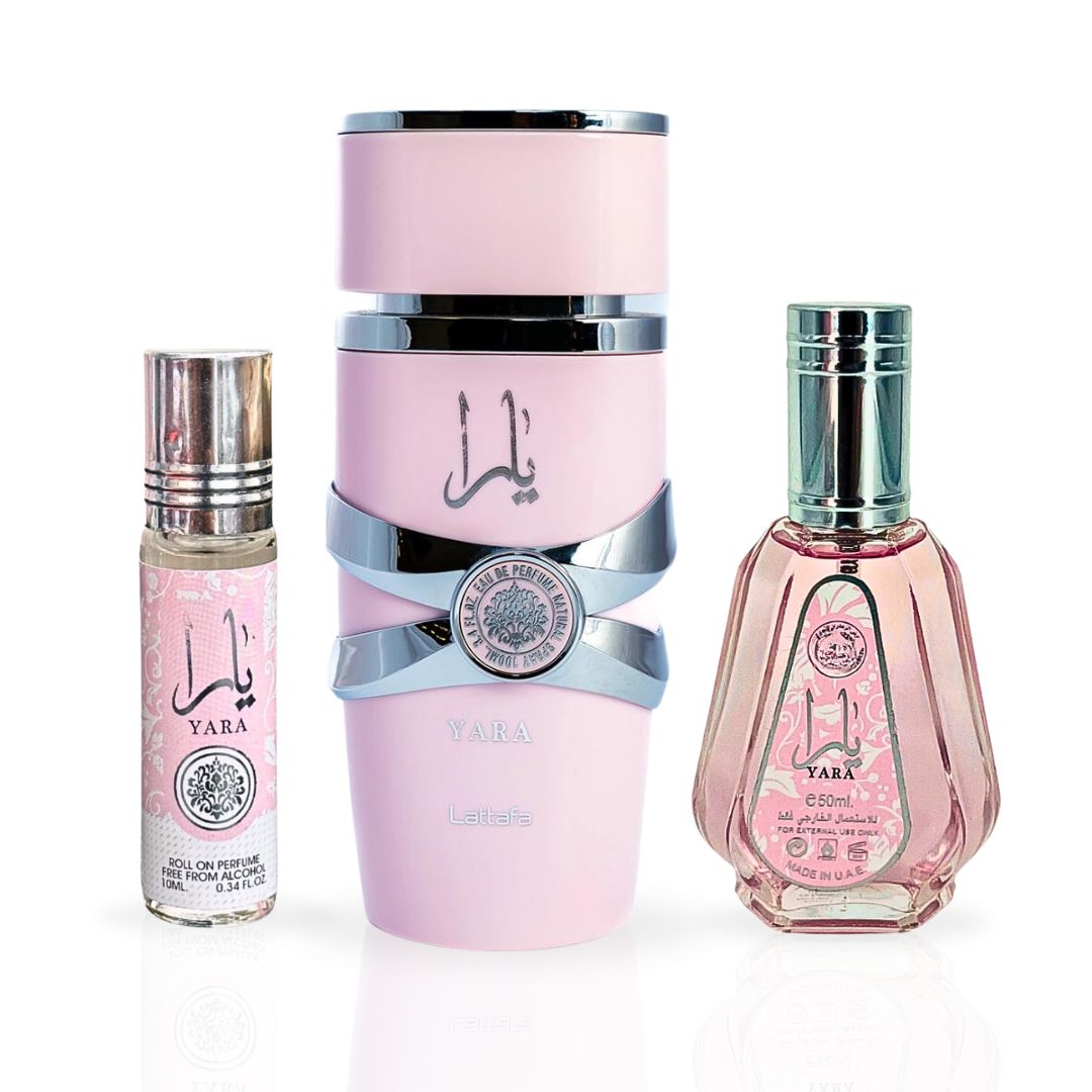 YARA Eau De Parfum Spray 100ML, EDP Spray 50ML & Roll-On Perfume Oil 10ML - For Women by Lattafa. (ELEGANT COLLECTION) - Intense Oud