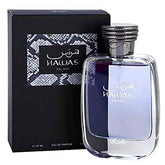 Rasasi Hawas for Men Eau de Parfum spray 100ml bottle with sleek design and blue accents, displaying the fragrance's elegant packaging.