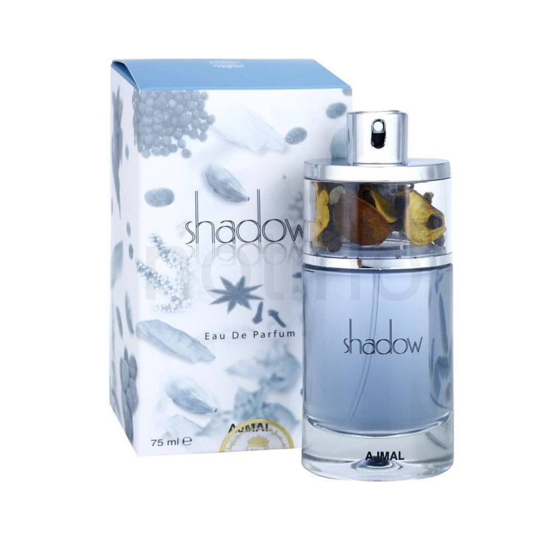 Ajmal Shadow EDP Eau de Parfum couple set with elegant bottles, showcasing the fragrance's sleek design and packaging.