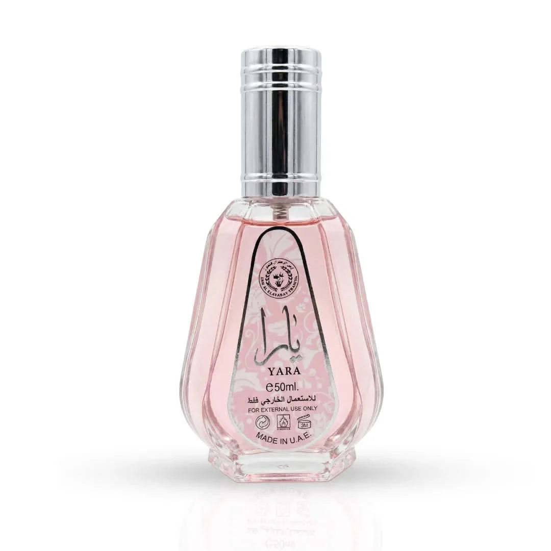 Yara Eau de Parfum Spray by Ard Al Zaafaran, 50ml bottle, elegant glass design with floral and oriental fragrance notes.
