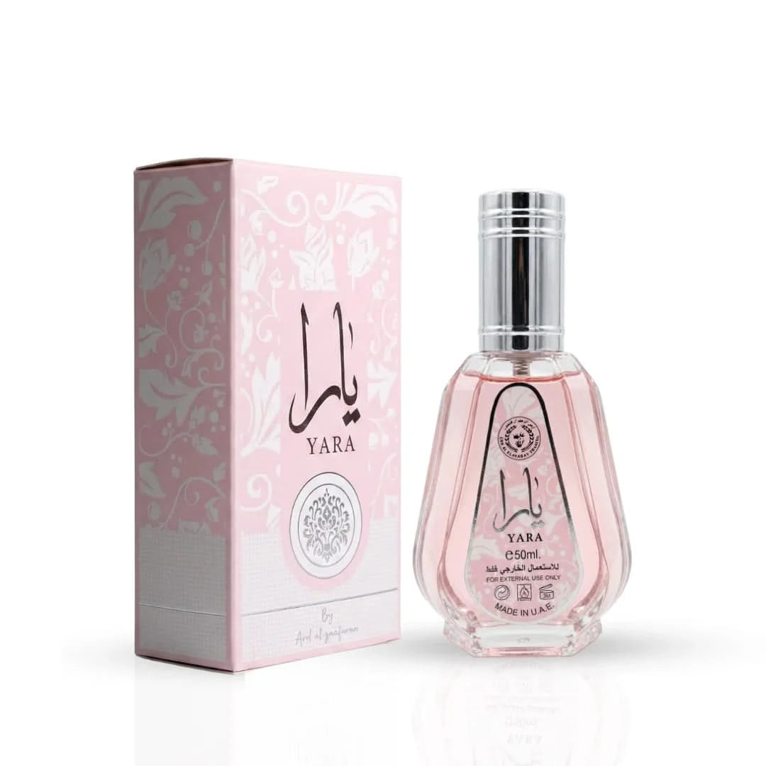 Yara Eau de Parfum Spray by Ard Al Zaafaran, 50ml bottle, elegant glass with floral and spicy fragrance details visible.