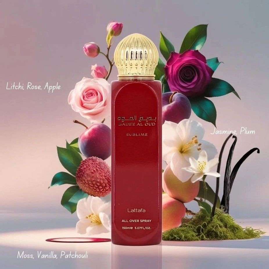 Lattafa Bade'e Al Oud Sublime all over spray bottle, 150ml, with elegant packaging and fragrance details visible.
