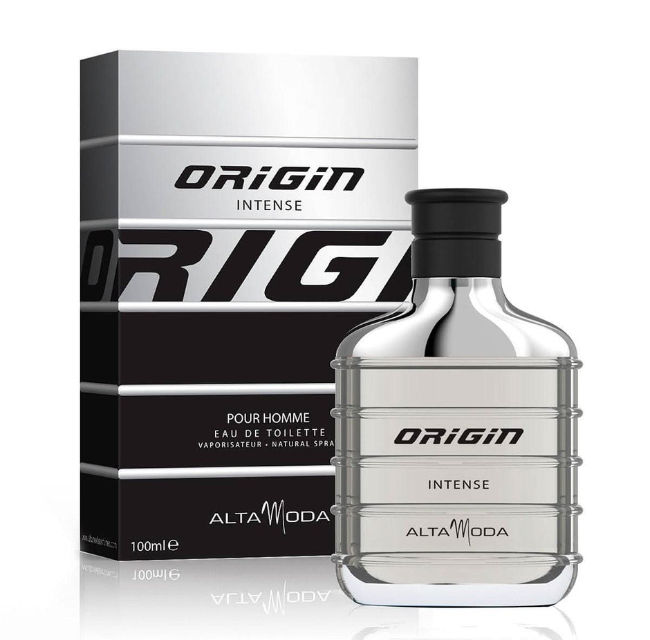 Alta Moda Origin Intense for Men EDT 100ML in a velvet pouch, featuring sleek bottle design and luxurious packaging.