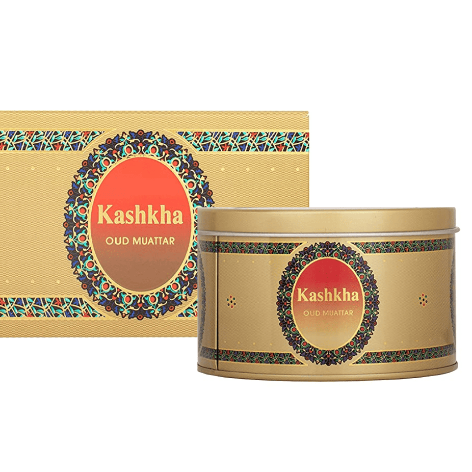 Swiss Arabian Kashkha Oud Muattar Bakhoor 24g jar with aromatic Bakhoor blocks and traditional packaging.