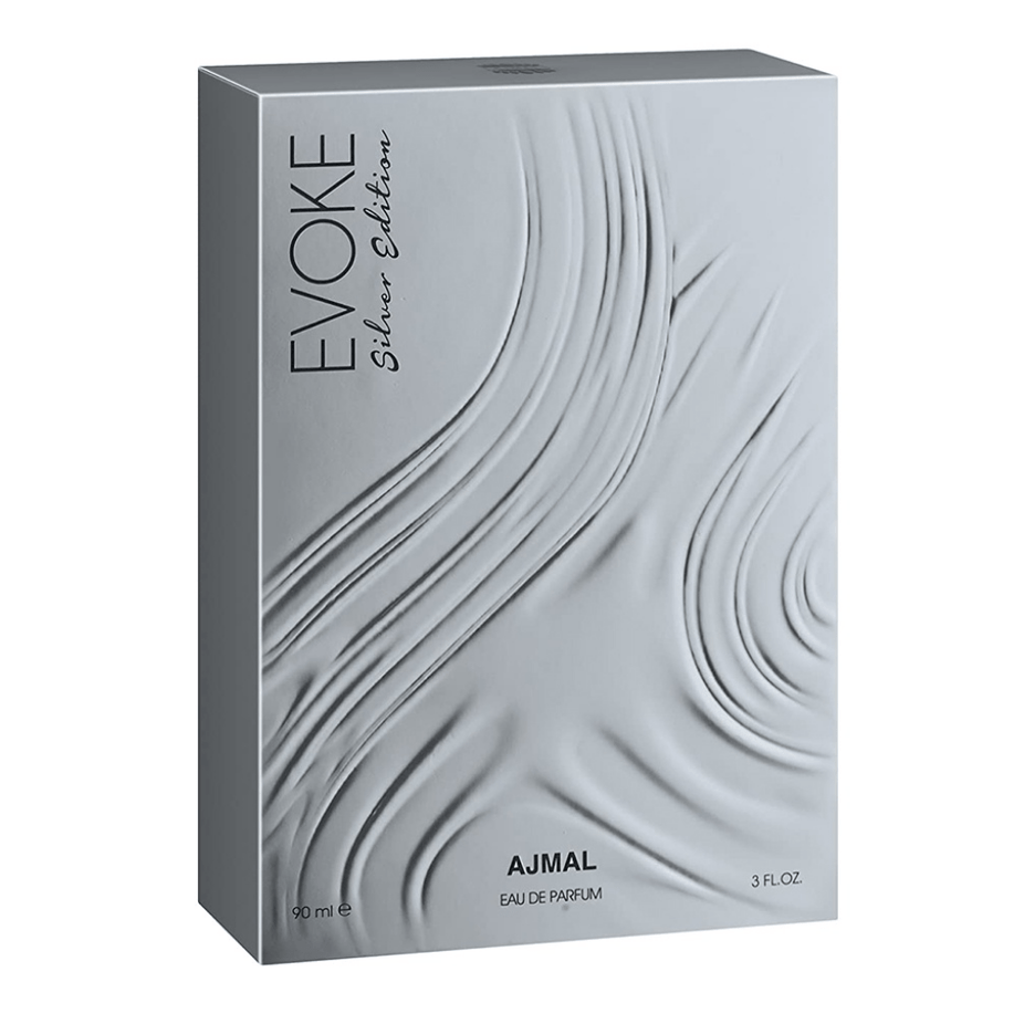 Evoke Silver Edition for Men Ajmal Eau De Parfum bottle with silver accents, 90 ML (3.0 oz) fragrance in a sleek design