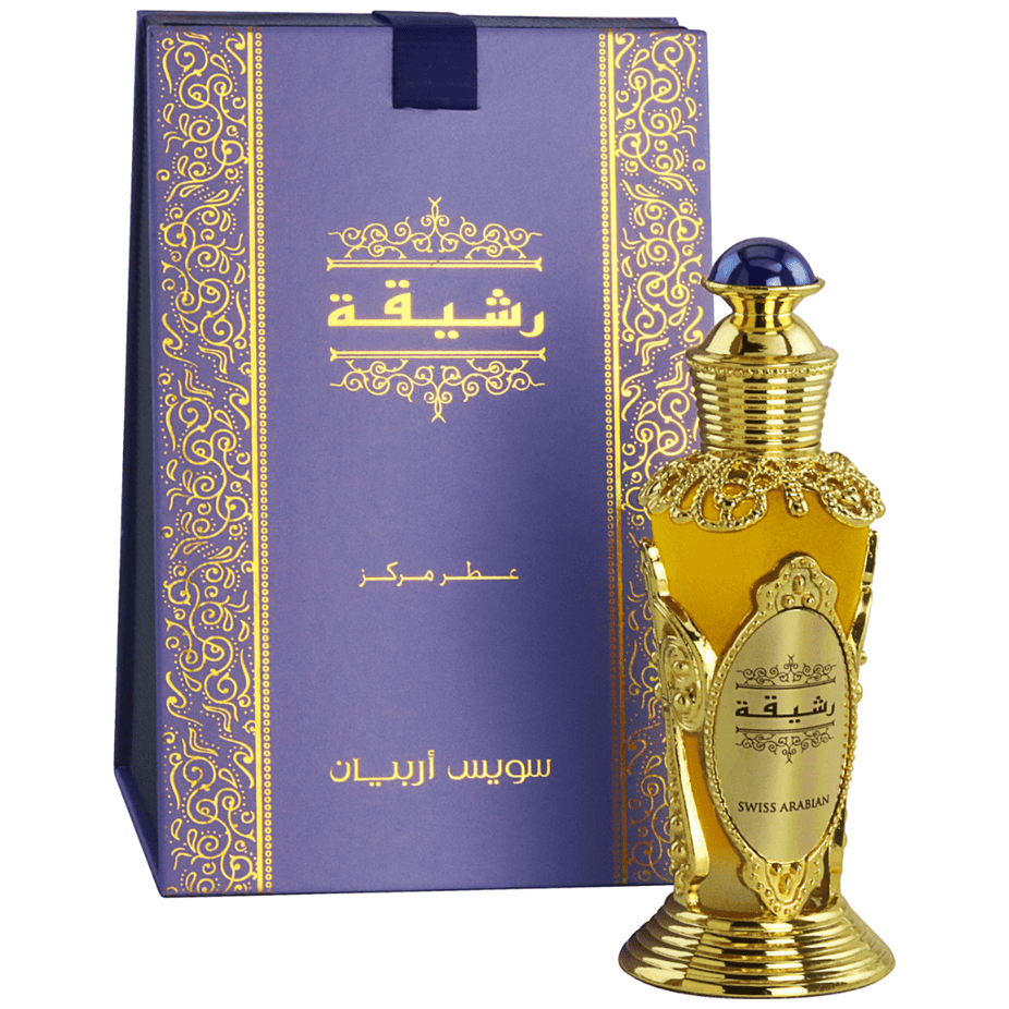 Swiss Arabian Rasheeqa Perfume Oil in a 20 ML glass bottle with a sleek design, showcasing the concentrated perfume oil.