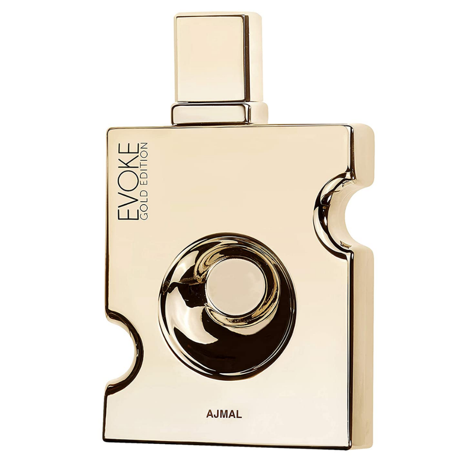Evoke Gold Edition for Men Ajmal Eau De Parfum 90ML bottle with sleek gold and black design.