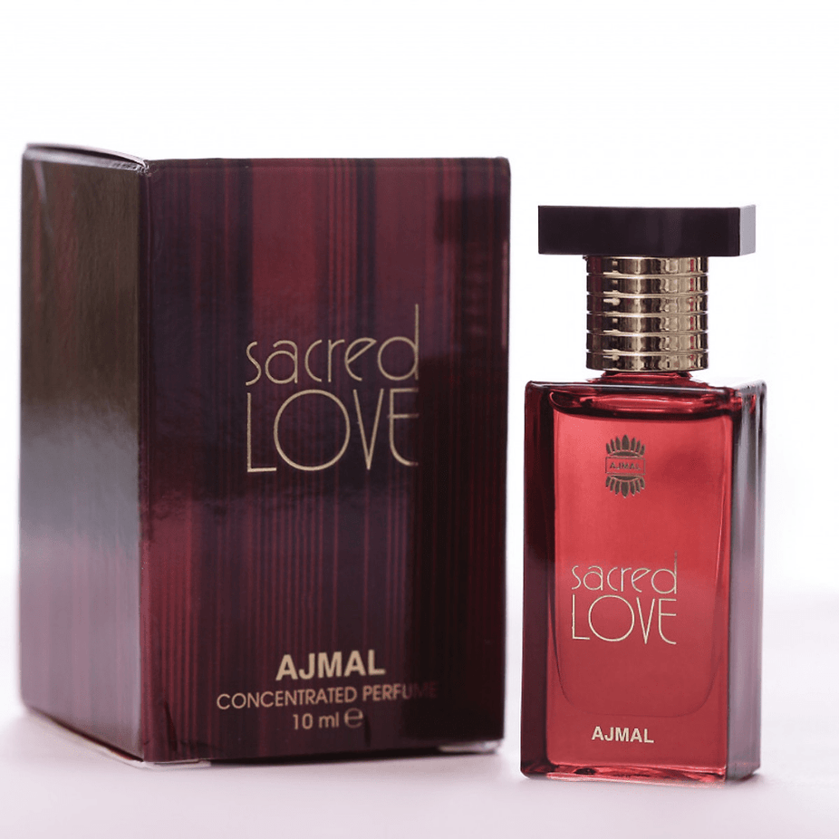 Ajmal Sacred Love for Women perfume oil in a 10ml CPO bottle, featuring elegant packaging and a floral, aromatic scent.