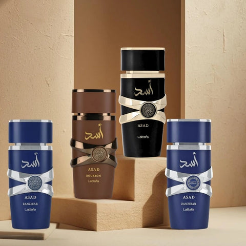 Asad, Asad Zanzibar, Asad Zanzibar Limited Edition & Asad Bourbon Eau de Parfum Sprays 100ml by Lattafa | Strength, Sophistication & Exotic Allure (Bundle) - Intense Oud