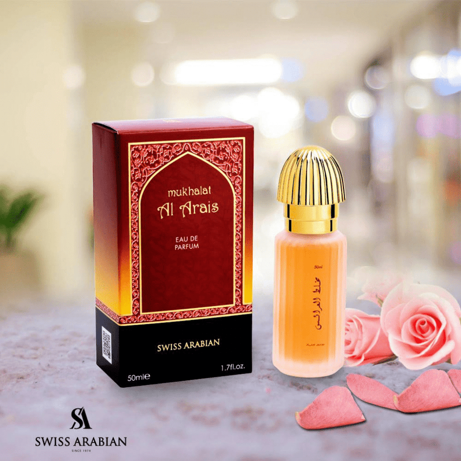 Swiss Arabian Mukhalat Al Arais EDP perfume bottle, 50 ML (1.7 oz), with elegant packaging and branding.
