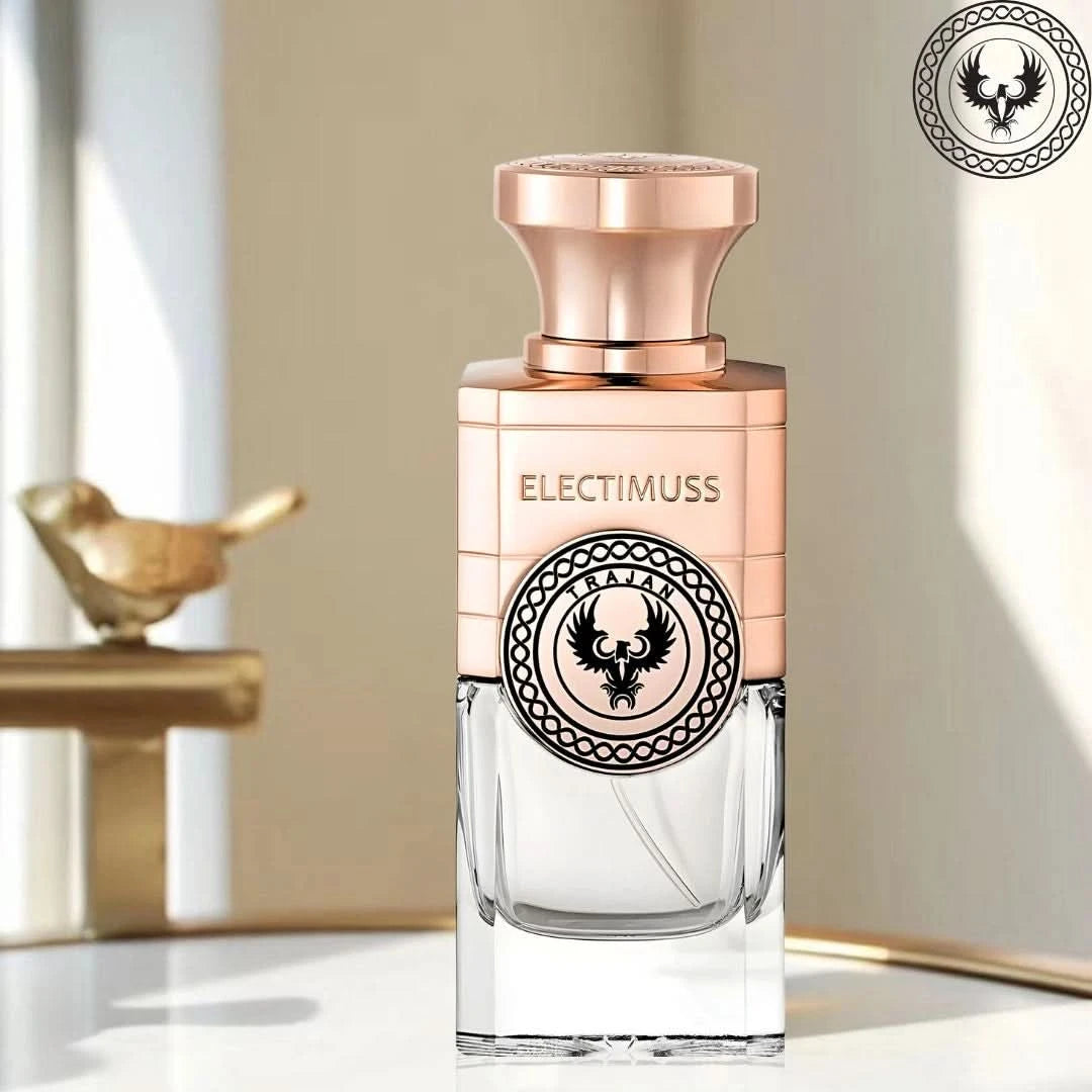 Electimuss London Trajan Parfum Spray 100ml EDP bottle with elegant design and cap, showcasing the luxurious fragrance packaging.