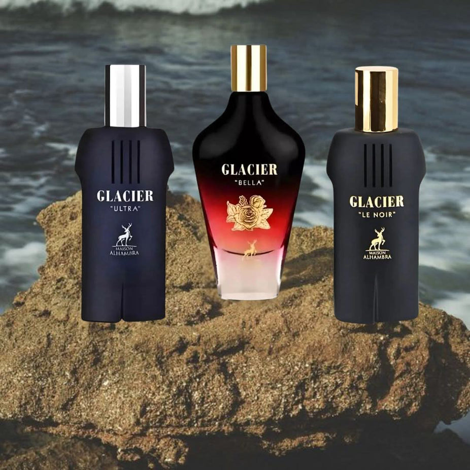 Maison Alhambra Glacier Le Noir, Ultra & Bella Eau de Parfum collection bottles displayed with sleek black and elegant packaging.