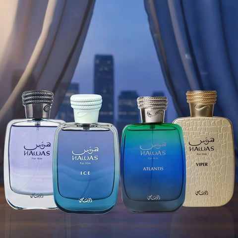 Bundle of Rasasi Hawas, Hawas Ice, Viper, and Atlantis Eau de Parfum sprays, 100ml bottles, featuring elegant fragrance bottles.