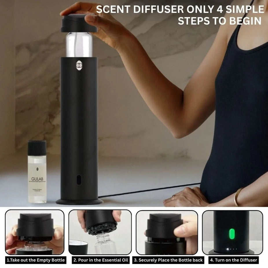 Intense Oud Black Aromatherapy Diffuser with remote, 120ml waterless diffuser, adjustable mist, and timer for home, office, or hotel.