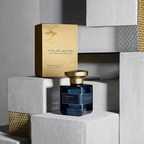 Burgundy Oud Extrait de Parfum spray by Atelier Materi, 50ml, featuring a sleek dark bottle and elegant design.