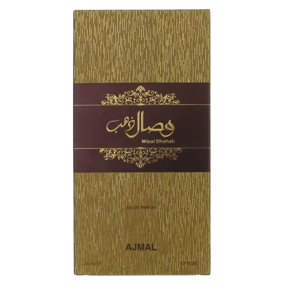 Wisal Dhahab Eau de Parfum spray by Ajmal, 50ml bottle, with elegant packaging and a luxurious fragrance design.