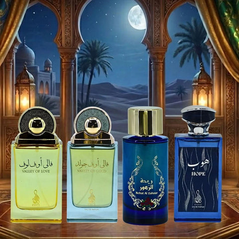 RISALA bundle of four 100ml Eau de Parfum sprays including Valley of Love, Valley of Gold, Rehat Al Zahoor, and Hope.