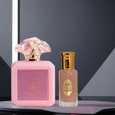 Pink Blush Eau de Parfum spray and Pink Musk perfume oil bundle by Ard Al Zaafaran, featuring elegant bottles and packaging.