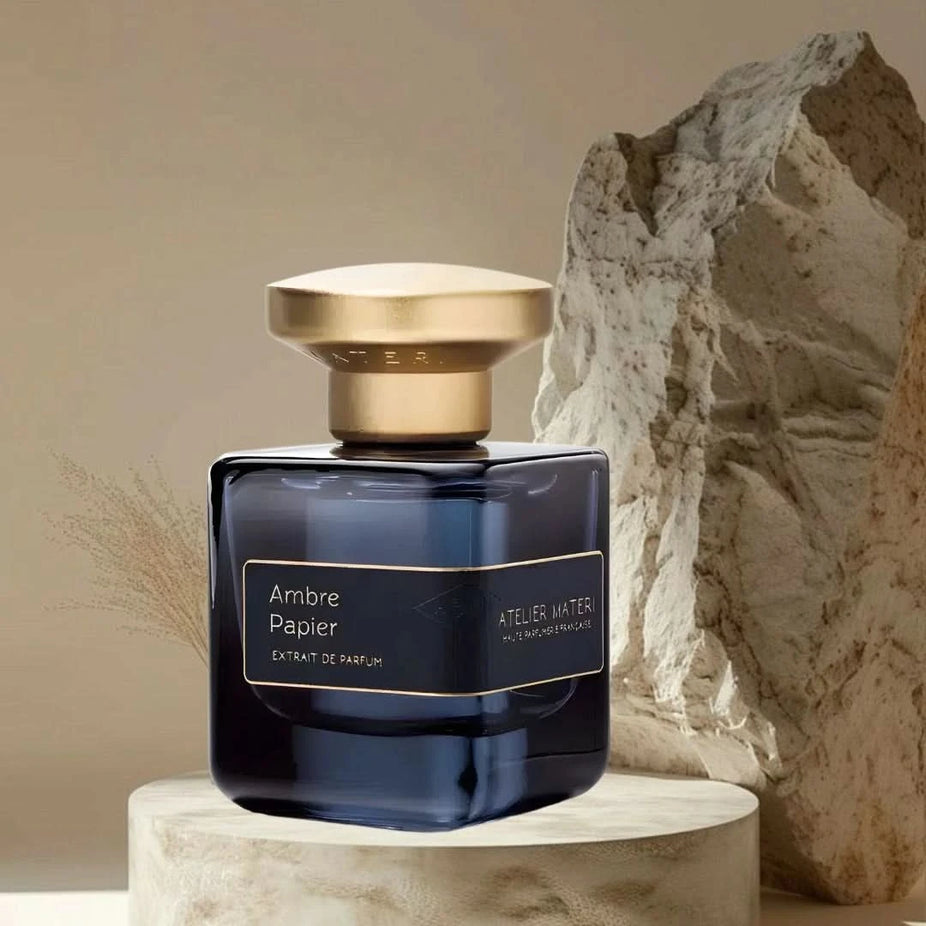 Atelier Materi Ambre Papier Extrait de Parfum Spray 50ml with elegant glass bottle and minimalist design.