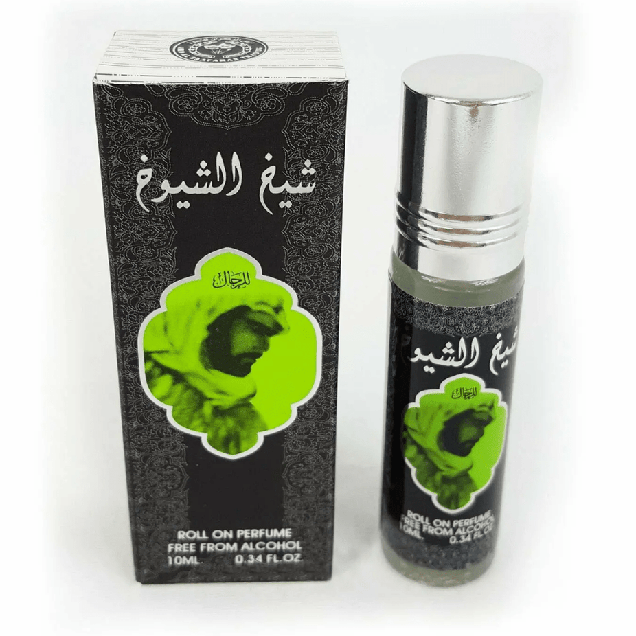 Set of three Ard Al Zaafaran Sheikh Al Shuyukh perfume oil bottles, 10ml concentrated perfume oils with ornate caps.