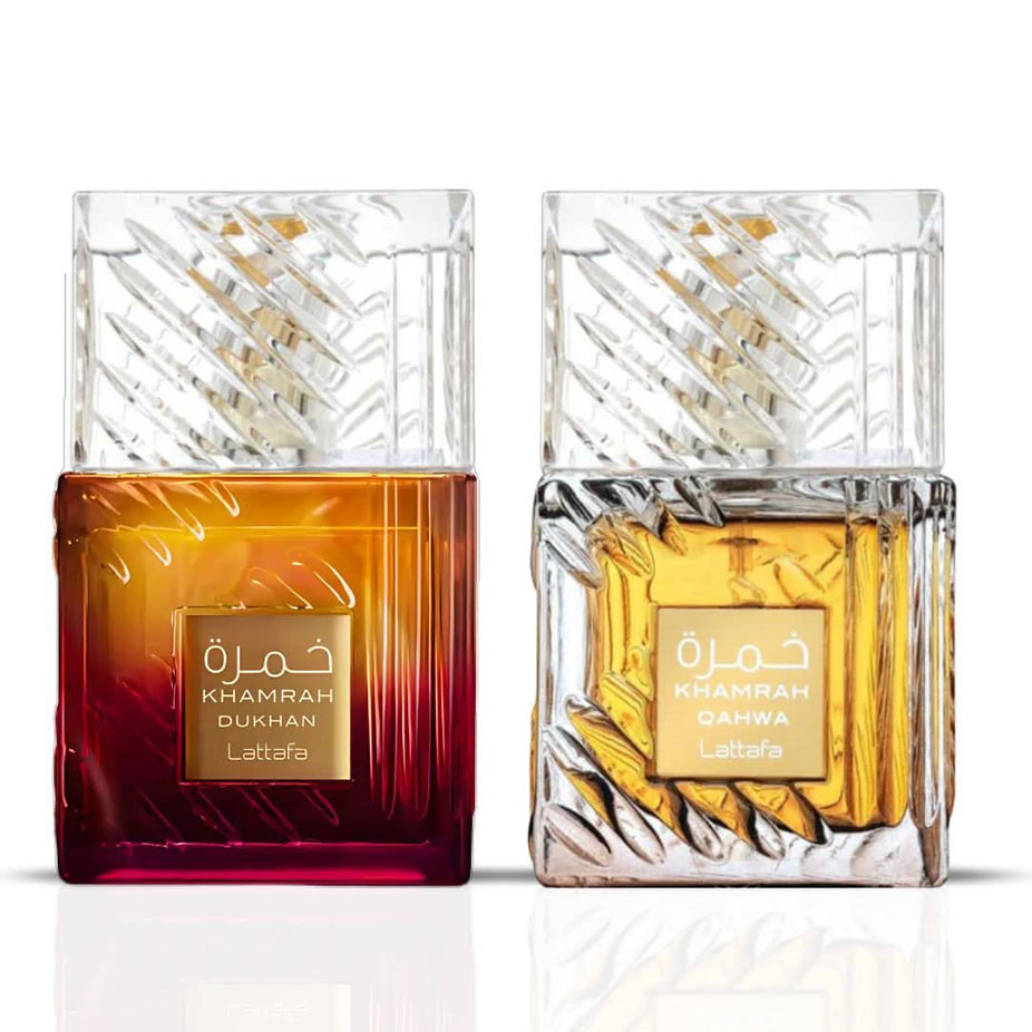 Lattafa Khamrah Qahwa and Dukhan Eau de Parfum sprays bundle, 100ml each, with elegant bottles and distinctive fragrance labels.
