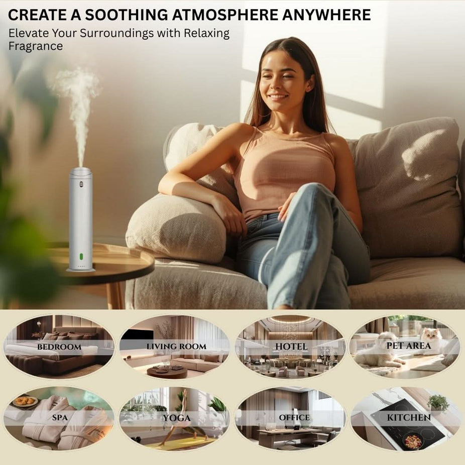 Intense Oud Silver Aromatherapy Diffuser with remote, 120ml capacity, adjustable mist, timer, for home, office, or hotel use.