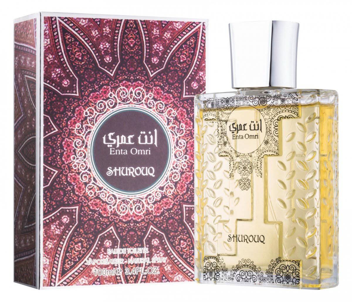 Shurouq Enta Omri Eau De Toilette 100ml bottle with matching pouch, showcasing the elegant perfume container and packaging.