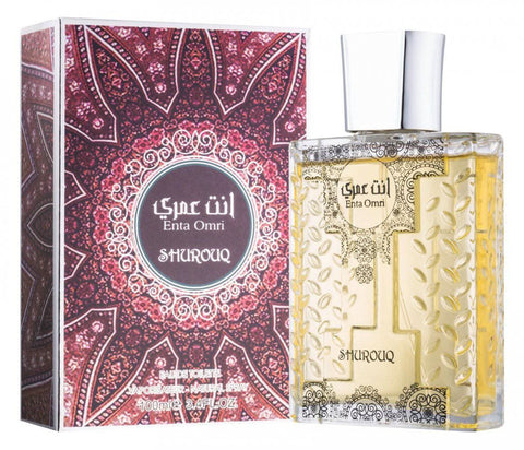 Shurouq Enta Omri Eau De Toilette 100ml bottle with matching pouch, showcasing the elegant perfume container and packaging.