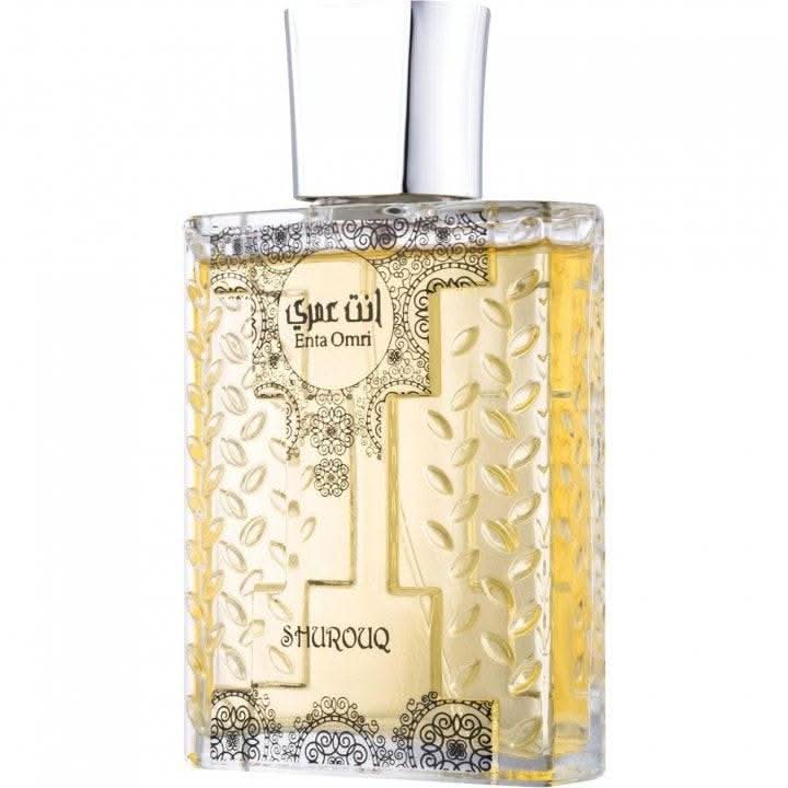 Shurouq Enta Omri Eau De Toilette 100ml bottle with matching pouch, featuring a sleek design and floral fragrance.