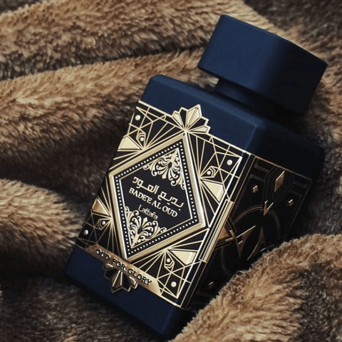 Intense Elite Collection For Men Eau De Parfum bottles of Bade'e Al Oud for Glory and LA Passion Blue, showcasing sleek packaging and branding
