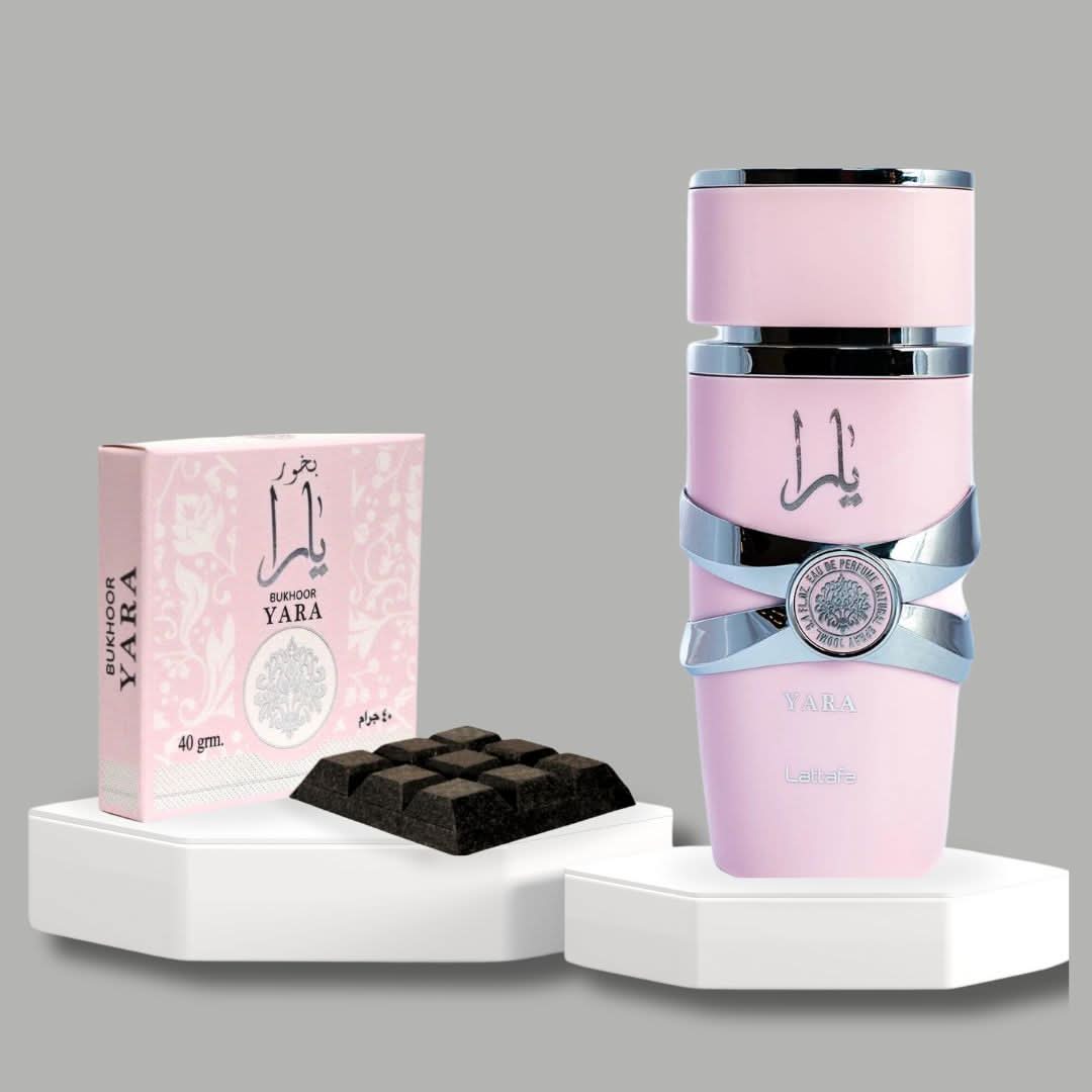 Bundle of Lattafa Yara Eau de Parfum 100ml spray and Ard Al Zaafaran Yara Bukhoor 40gms, featuring elegant perfume bottles and bukhoor incense.