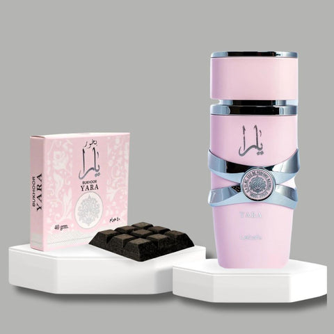 Bundle of Lattafa Yara Eau de Parfum 100ml spray and Ard Al Zaafaran Yara Bukhoor 40gms, featuring elegant perfume bottles and bukhoor incense.