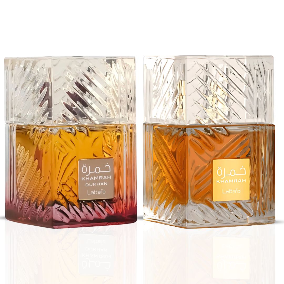 Khamrah & Khamrah Dukhan Eau De Parfum Sprays 100ML (3.4 OZ) by Lattafa | Two Icons, One Duo—Intense, Mysterious & Deeply Indulgent. (Bundle) - Intense Oud