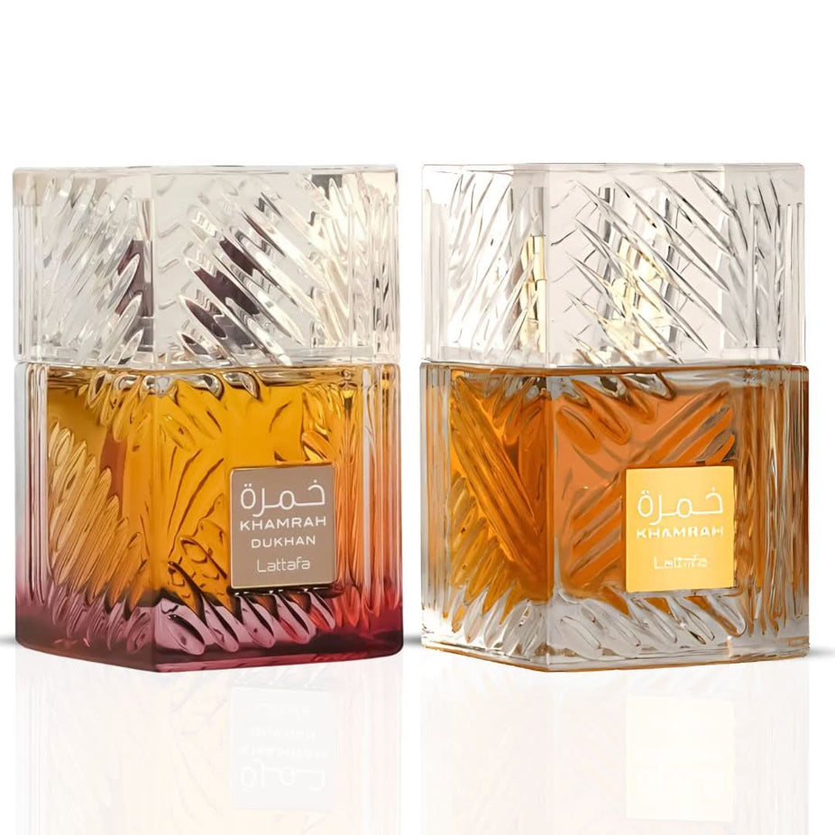Lattafa Khamrah & Dukhan Eau de Parfum spray bundle, 100ml each, featuring elegant bottles with intricate designs.
