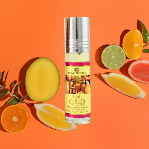 Al Rehab Fruit Perfume Oil CPO 6ml bottle with a clear glass container and colorful label, showcasing concentrated perfume oil.