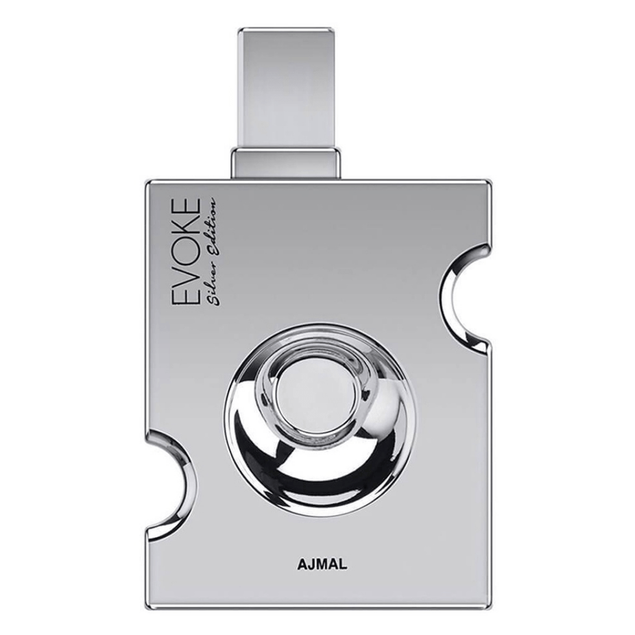 Evoke Silver Edition for Men Ajmal Eau De Parfum bottle with sleek silver packaging and spray nozzle, 90ml size.