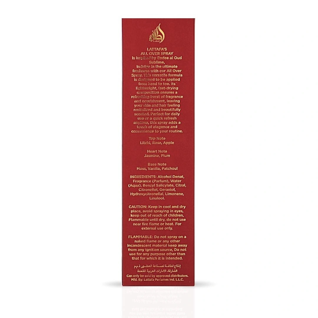Bad'ee Al Oud Sublime All Over Spray 150ml (5.07 oz) by Lattafa | A Fragrance That Blossoms Like Morning Dew - Intense Oud