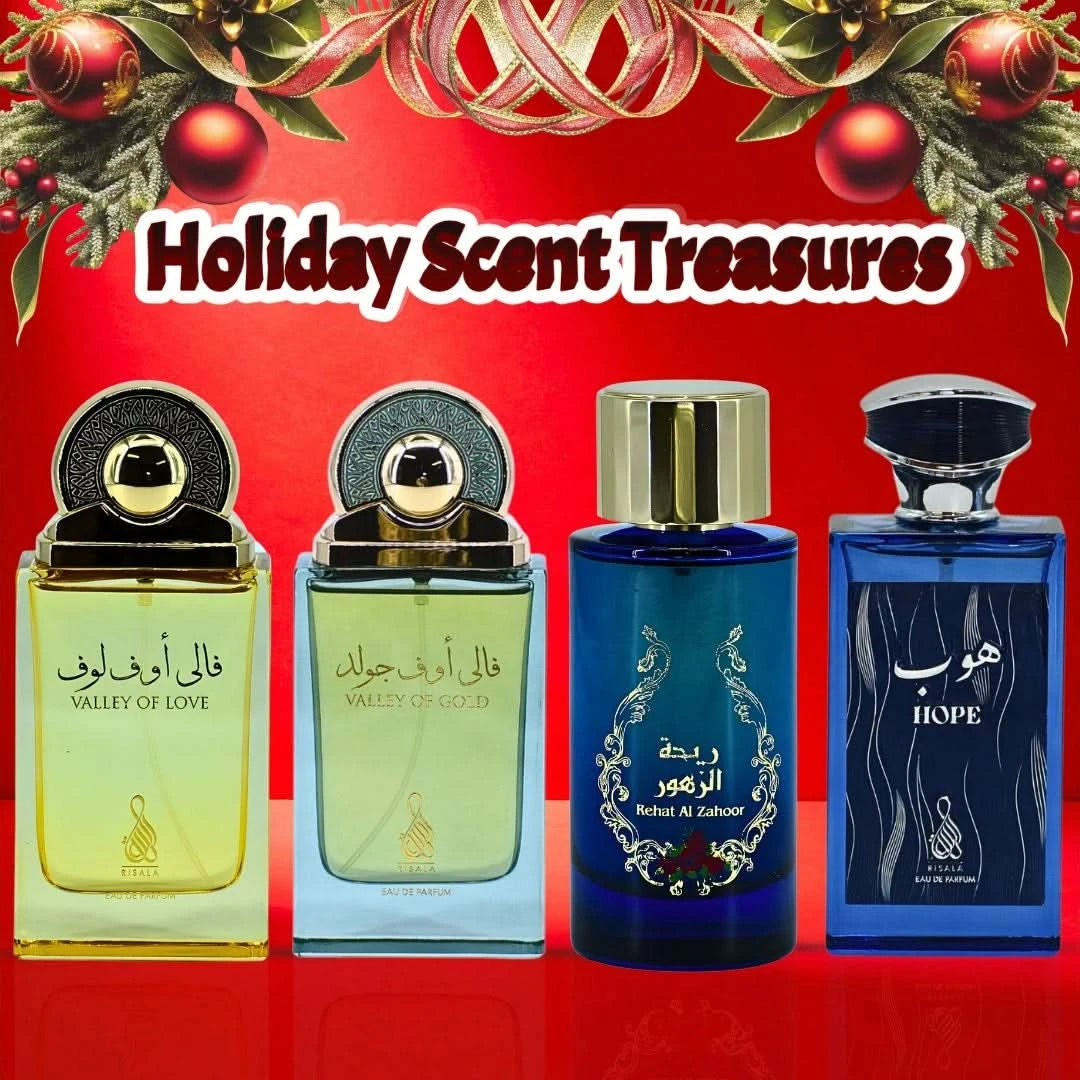 RISALA Valley of Love, Gold, Rehat Al Zahoor, Hope Eau de Parfum spray bundle, 100ml, featuring four elegant fragrance bottles.