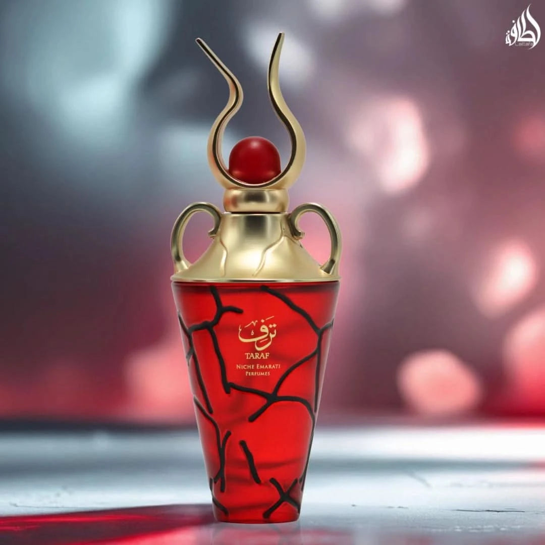 Lattafa Niche Emarati Taraf Eau De Parfum spray 100ml in velvet pouch, featuring elegant bottle design and luxurious fragrance.