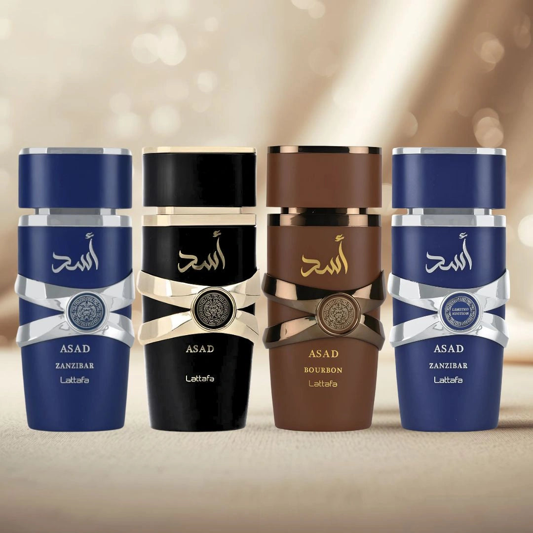 Asad, Asad Zanzibar, Asad Zanzibar Limited Edition & Asad Bourbon Eau de Parfum Sprays 100ml by Lattafa | Strength, Sophistication & Exotic Allure (Bundle) - Intense Oud