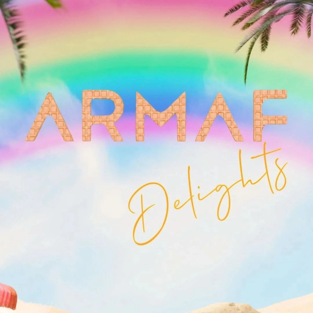 Armaf Delights Island Bliss Eau de Parfum spray 100ml in a velvet pouch, showcasing the elegant perfume bottle and packaging.