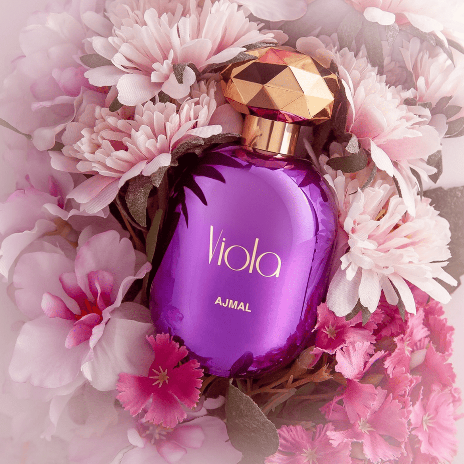 Ajmal Viola for Women Eau De Parfum bottle in 75 ML with elegant floral design and clear glass showcasing the fragrance.